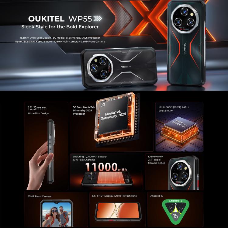 Oukitel WP55 5G Rugged Phone, 12GB+256GB, 108MP Camera, Fingerprint Identification, 6.6 inch Android 15 MediaTek Dimensity 7025 Octa Core, NFC, OTG, Network: 5G (Black) - free shipping - PMC TechLife - Order now!
