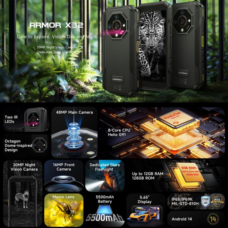 Ulefone Armor X32 Rugged Phone, 6GB+128GB, Night Vision, 5.65 inch Android 14 MediaTek Helio G91 Octa Core, Network: 4G, NFC, OTG (Classic Black) - free shipping - PMC TechLife - Order now!