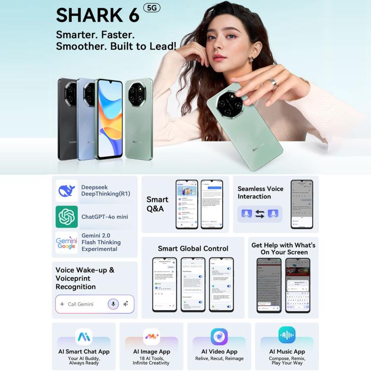 Blackview SHARK 6 5G, 8GB+128GB, 6.88 inch Android 15 Unisoc UMS9620 T8100 Octa Core, Network: 5G, NFC, OTG (Mint Green) - free shipping - PMC TechLife - Order now!