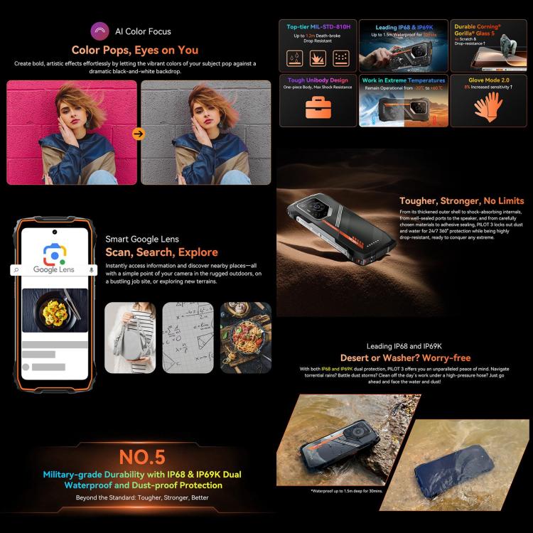 Blackview Oscal Pilot 3 5G Rugged Phone, 12GB+256GB, Night Vision Camera, 6.78 inch Android 15 MediaTek Dimensity 6300 Octa Core, Network: 5G, OTG, NFC (Black) - free shipping - PMC TechLife - Order now!