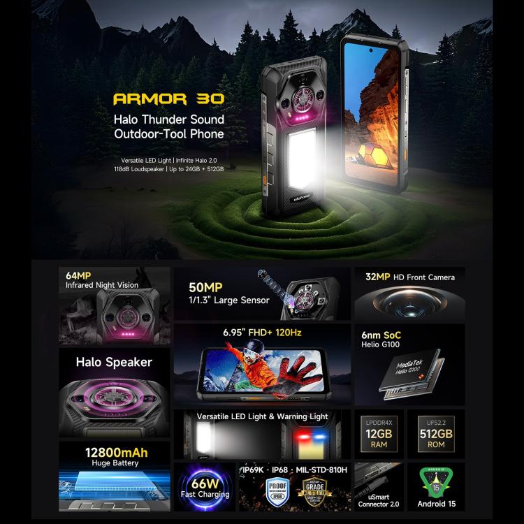 Ulefone Armor 30, 12GB+512GB, Night Vision, IP68/IP69K Rugged Phone, 6.95 inch Android 15 MediaTek Helio G100 Octa Core, Network: 4G, NFC, OTG (Black) - free shipping - PMC TechLife - Order now!