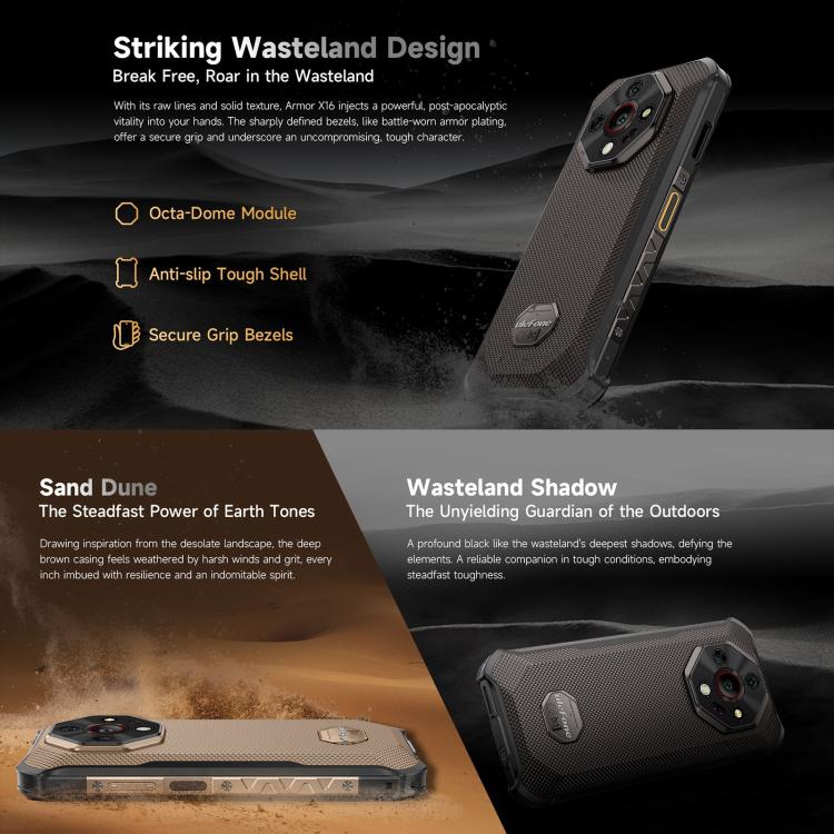 Ulefone Armor X16, 6GB+128GB, Night Vision, IP68/IP69K Rugged Phone, 6.56 inch Android 15 MediaTek Helio G91 Octa Core, Network: 4G, NFC, OTG (Wasteland Shadow) - free shipping - PMC TechLife - Order now!