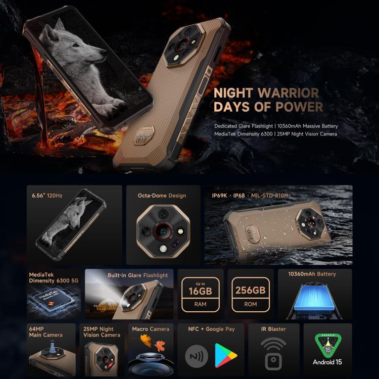 Ulefone Armor X16 Pro, 8GB+256GB, Night Vision, IP68/IP69K Rugged Phone, 6.56 inch Android 15 MediaTek Dimensity 6300 Octa Core, Network: 5G, NFC, OTG (Wasteland Shadow) - free shipping - PMC TechLife - Order now!
