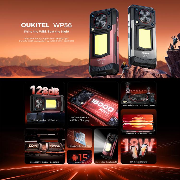 Oukitel WP56 Rugged Phone, 12GB+512GB, 108MP Camera, Fingerprint Identification, 6.8 inch Android 15 MTK Dimensity 7050 Octa Core, NFC, OTG, Network: 5G (Black) - free shipping - PMC TechLife - Order now!