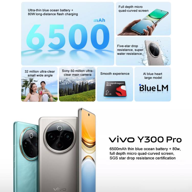 vivo Y300 Pro, 8GB+128GB, Face ID / Screen Fingerprint Identification, 6.77 inch Android 14 OriginOS 4 Snapdragon 6 Gen 1 Octa Core, OTG, Network: 5G (Cyan) - free shipping - PMc TechLife - Order now!