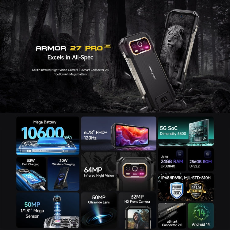 Ulefone Armor 27 Pro Rugged Phone, 12GB+256GB, Night Vision, 10600mAh, 6.78 inch Android 14 MediaTek Dimensity 6300 Octa Core, Network: 5G, NFC (Black) - free shipping - PMC TechLife - Order now!