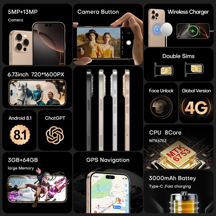 i16 Pro Max / A08A, 3GB+64GB, 6.73 inch Screen, Face Identification, Android 8.1 MTK6753 Octa Core, Network: 4G, Dual SIM, UK Plug (Gold) - free shipping - PMC Jewellery - Order now!