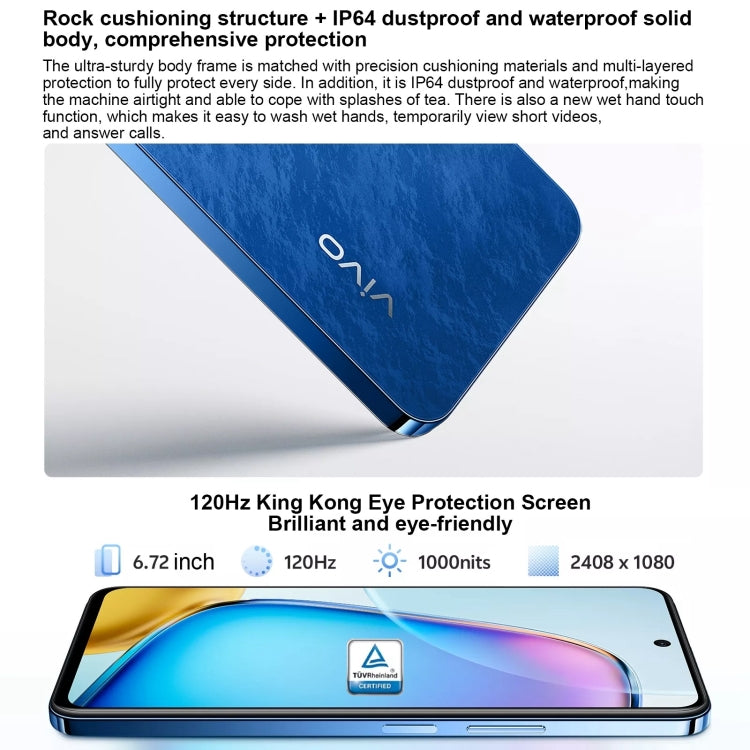 vivo Y200i, Dual Back Cameras, 12GB+256GB, Face ID Screen Fingerprint Identification, 6.72 inch Android 14.0 OriginOS 4 Snapdragon 4 Gen 2 Octa Core 2.2GHz, OTG, Network: 5G, Support Google Play (Blue) - free shipping - PMC Jewellery - Order now!
