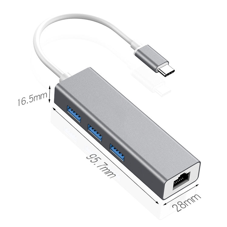 USB-C / Type-C to Fast Ethernet RJ45 & 3 x USB 3.0 Adapter Converter HUB(Grey) - free shipping - PMC Jewellery - Order now!