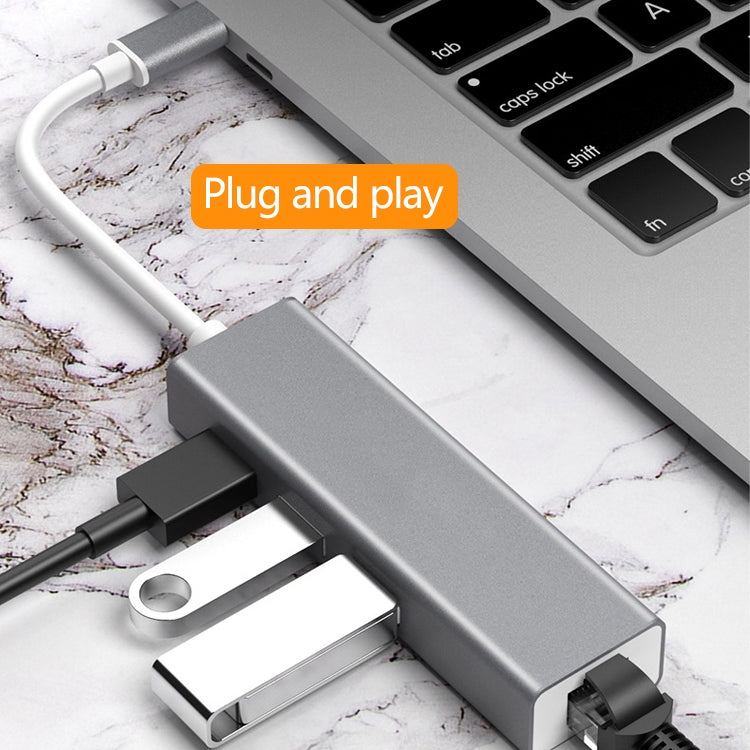 USB-C / Type-C to Fast Ethernet RJ45 & 3 x USB 3.0 Adapter Converter HUB(Grey) - free shipping - PMC Jewellery - Order now!