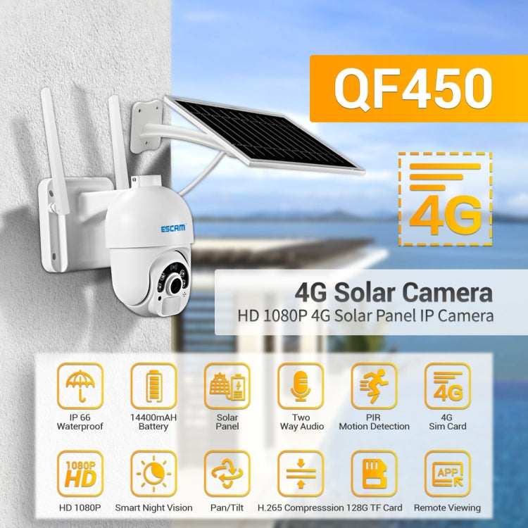 ESCAM QF450 HD 1080P 4G EU Version Solar Powered IP Camera without Memory, Support Two-way Audio & PIR Motion Detection & Night Vision & TF Card - free shipping - PMC TechLife - Order now!