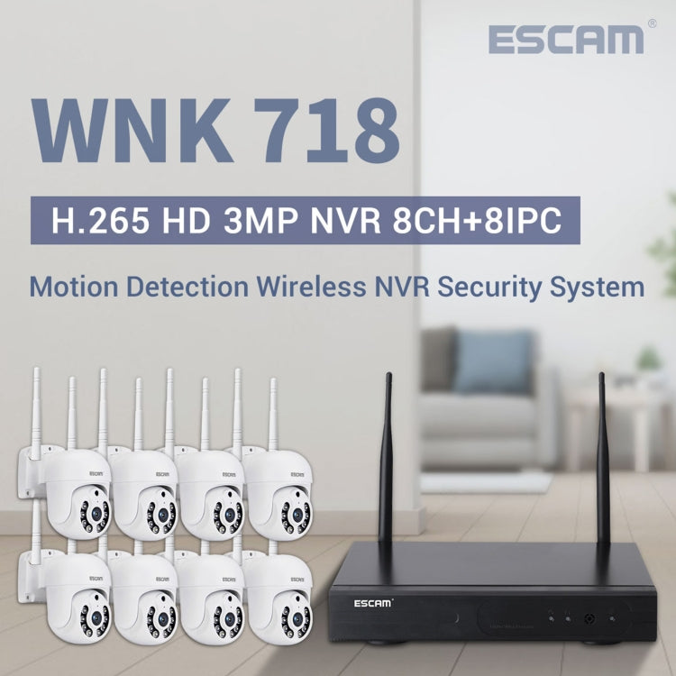 ESCAM WNK718 HD 3.0 Million Pixels 8-channel Wireless + 8IPC Wireless NVR Security System, EU Plug - free shipping - PMC TechLife - Order now!