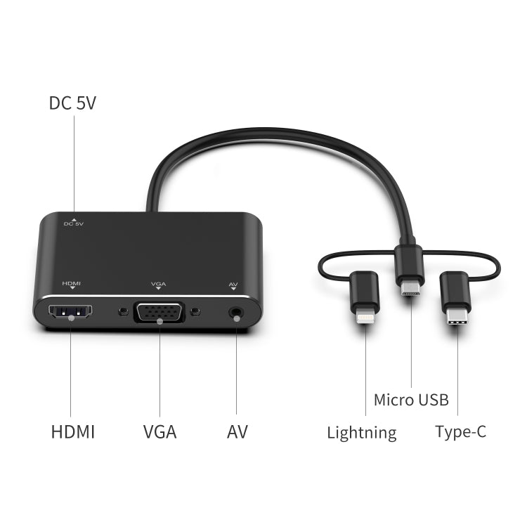 7585B 3 in 1 Micro USB / 8 Pin / Type-C to VGA / HDTV / AV Adapter Mobile HD Screen Player (Black) - Wireless Display Dongle by PMC TechLife | Online Shopping South Africa | PMC TechLife | Buy Now Pay Later Mobicred