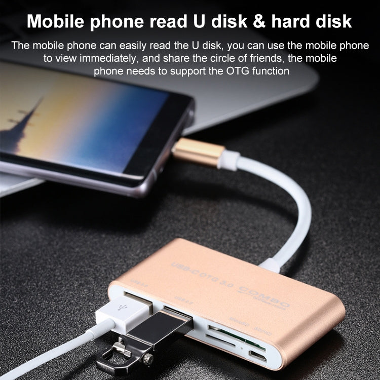 COMBO T-693 5 in 1 USB-C / Type-C to SD / TF / Micro SD Card Slot + USB 3.0 + USB 2.0Ports OTG HUB Card Reader(Gold) - free shipping - PMC Jewellery - Order now!