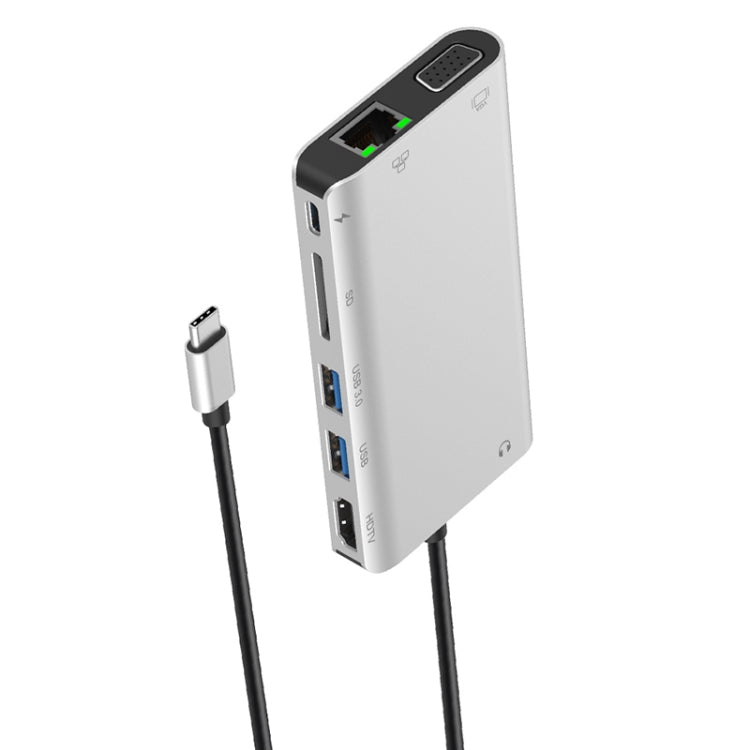 Onten 9591BD 8 in 1 USB-C / Type-C to PD USB-C / Type-C Charging + Gigabit Ethernet + Dual USB 3.0 + HDMI + VGA + SD Card Slot + 3.5mm AUX HUB(Silver) - free shipping - PMC Jewellery - Order now!