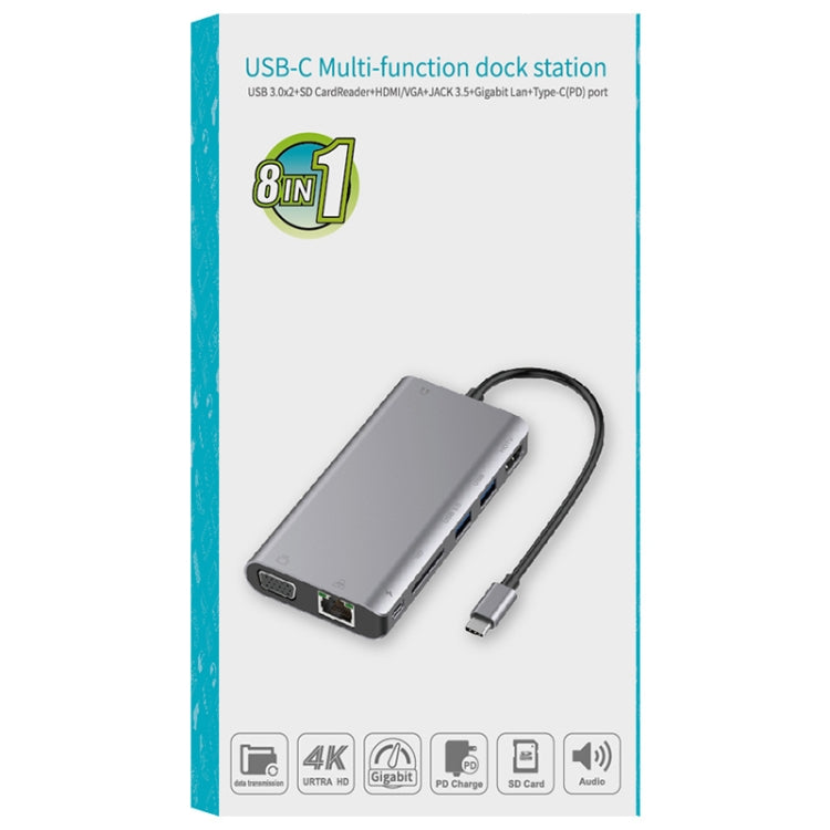 Onten 9591BD 8 in 1 USB-C / Type-C to PD USB-C / Type-C Charging + Gigabit Ethernet + Dual USB 3.0 + HDMI + VGA + SD Card Slot + 3.5mm AUX HUB(Silver) - free shipping - PMC Jewellery - Order now!