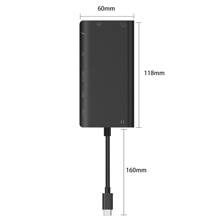Onten 9591BD 8 in 1 USB-C / Type-C to PD USB-C / Type-C Charging + 100M Ethernet Port + Dual USB 3.0 + HDMI + VGA + SD Card Slot + 3.5mm AUX HUB (Black) - free shipping - PMC Jewellery - Order now!
