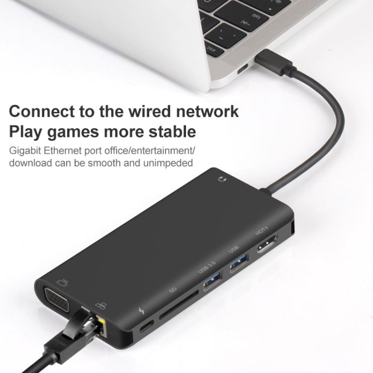 Onten 9591BD 8 in 1 USB-C / Type-C to PD USB-C / Type-C Charging + 100M Ethernet Port + Dual USB 3.0 + HDMI + VGA + SD Card Slot + 3.5mm AUX HUB (Black) - free shipping - PMC Jewellery - Order now!