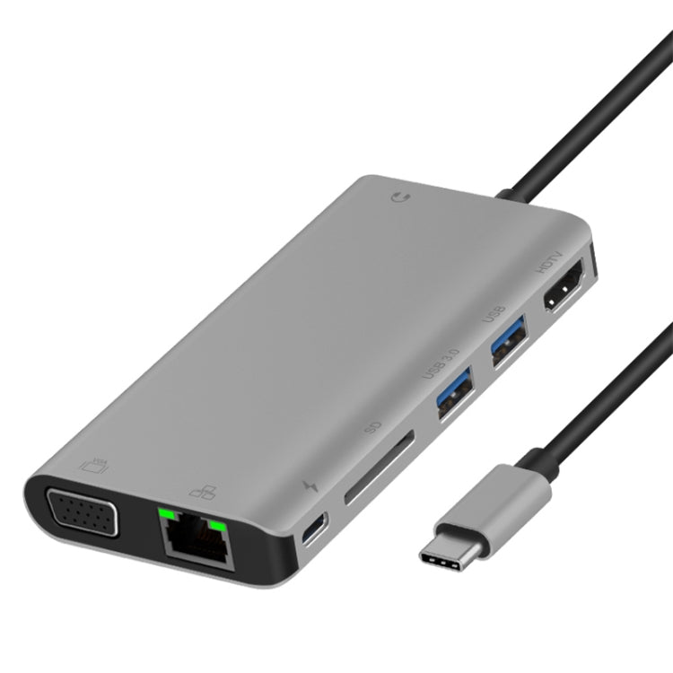 Onten 9591BD 8 in 1 USB-C / Type-C to PD USB-C / Type-C Charging + 100M Ethernet Port + Dual USB 3.0 + HDMI + VGA + SD Card Slot + 3.5mm AUX HUB (Grey) - free shipping - PMC Jewellery - Order now!