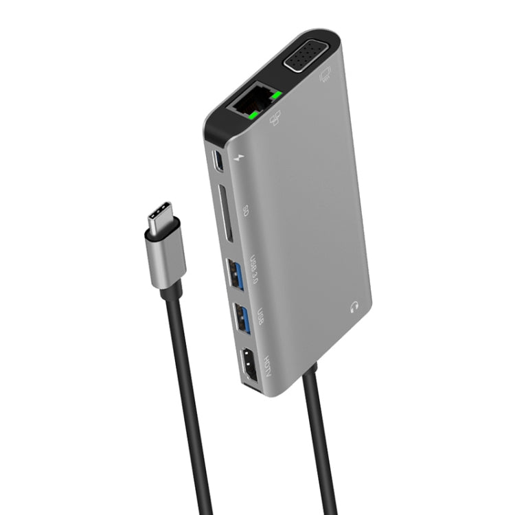 Onten 9591BD 8 in 1 USB-C / Type-C to PD USB-C / Type-C Charging + 100M Ethernet Port + Dual USB 3.0 + HDMI + VGA + SD Card Slot + 3.5mm AUX HUB (Grey) - free shipping - PMC Jewellery - Order now!