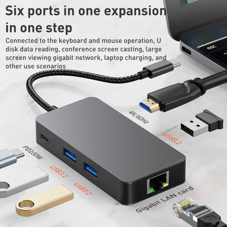 BYL-2308 6 in 1 USB-C / Type-C to USB3.2 + Gigabit Internet + HDTV HUB Adapter (Dark Gray) - USB HUB by PMC Jewellery | Online Shopping South Africa | PMC Jewellery | Buy Now Pay Later Mobicred