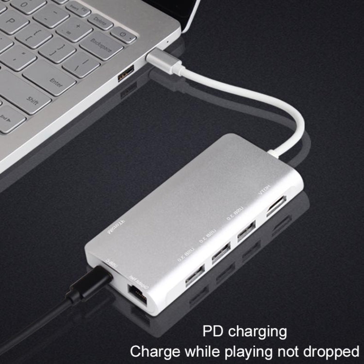 9591C 8 In 1 USB 3.0 x3 + SD / TF Card + HDMI + RJ45 + Type-C / USB-C (PD) Multi-function HUB Converter Dock Station(Silver) - USB HUB by PMC Jewellery | Online Shopping South Africa | PMC Jewellery | Buy Now Pay Later Mobicred