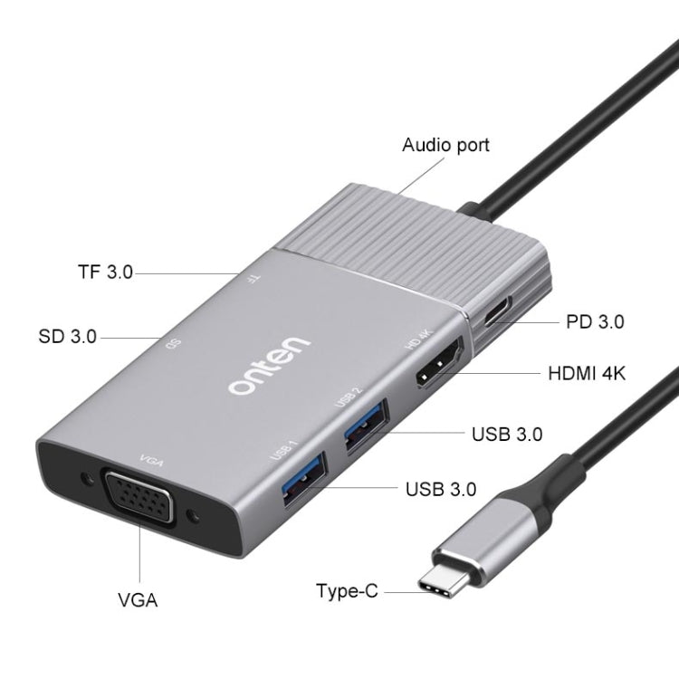 Onten 95113 8 In 1 USB 3.0 x2 + SD / TF + HDMI / VGA + 3.5mm Jack + Type-C / USB-C (PD 3.0) Multi-function HUB Converter Dock Station - free shipping - PMC Jewellery - Order now!