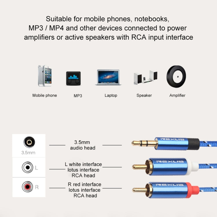 REXLIS 3610 3.5mm Male to Dual RCA Gold-plated Plug Blue Cotton Braided Audio Cable for RCA Input Interface Active Speaker, Length: 10m - RCA Cable by REXLIS | Online Shopping South Africa | PMC TechLife | Buy Now Pay Later Mobicred