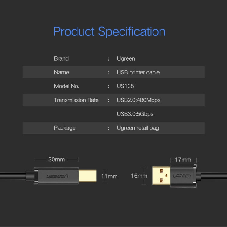 UGREEN USB 2.0 Gold-plated Printer Cable Data Cable, For Canon, Epson, HP, Cable Length: 1.5m - USB Cable by UGREEN | Online Shopping South Africa | PMC TechLife | Buy Now Pay Later Mobicred