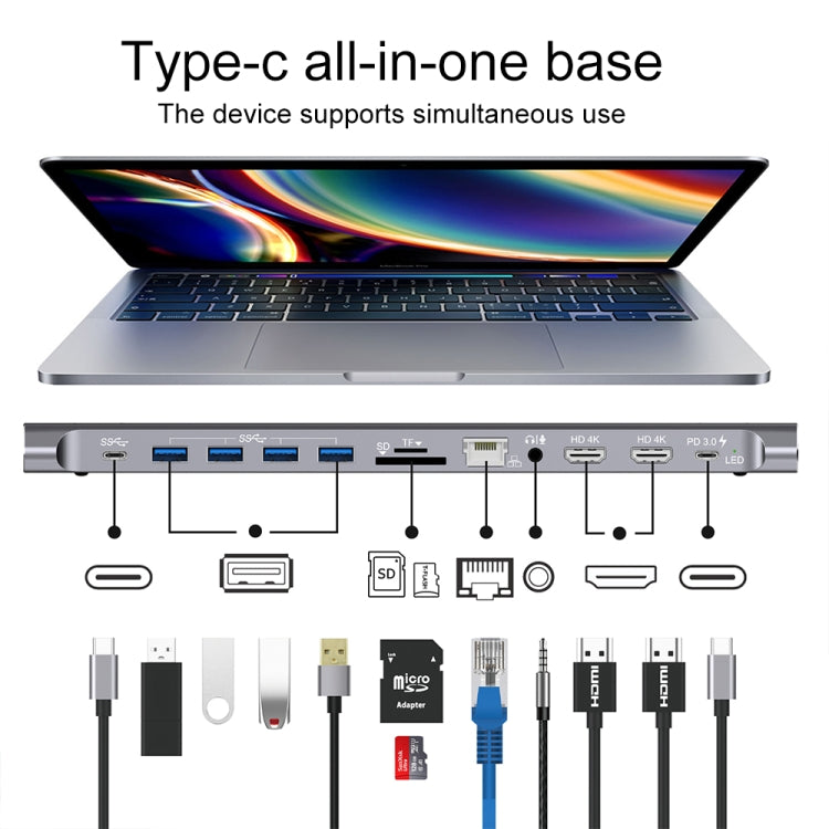 Onten 9199 12 in 1 USB-C / Type-C to USB-C / Type-C + TF / SD Card Slot + RJ45 + 3.5mm Audio + PD USB-C / Type-C Charging + 2 HDMI + 4 USB 3.0 Ports Multifunctional HUB Converter Docking Station - free shipping - PMC Jewellery - Order now!