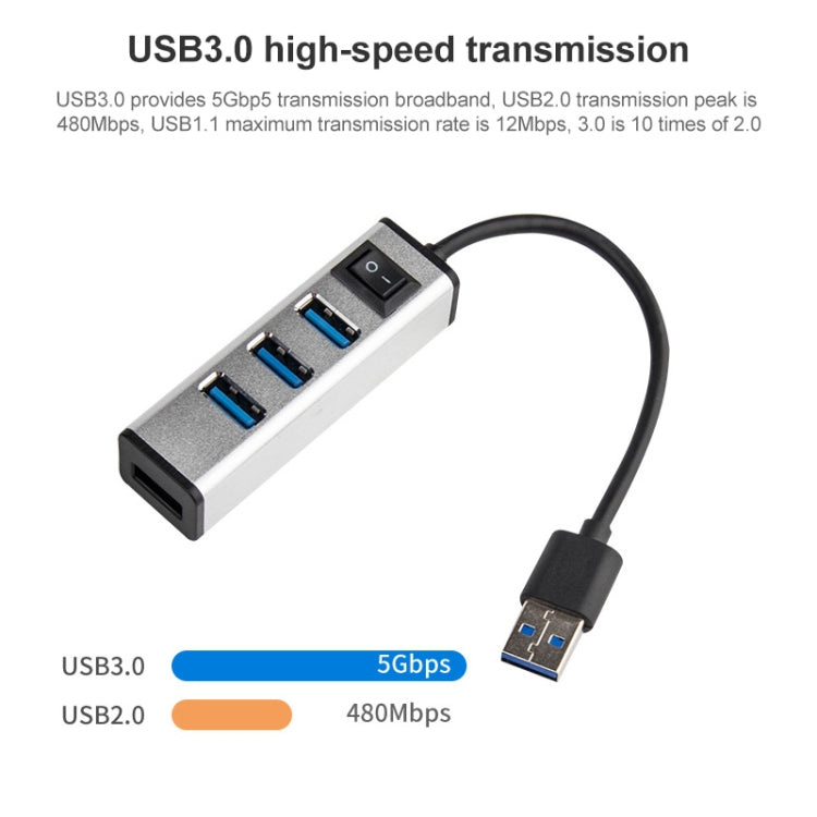 USB to 4 USB 3.0 Ports Aluminum Alloy HUB with Switch(Grey) - USB 3.0 HUB by PMC TechLife | Online Shopping South Africa | PMC TechLife | Buy Now Pay Later Mobicred