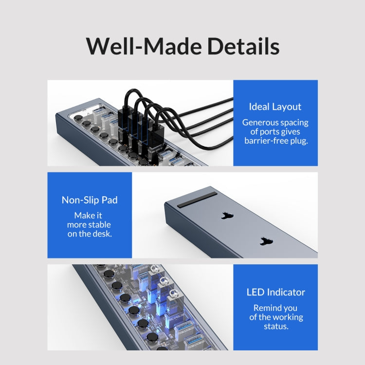 ORICO AT2U3-13AB-GY-BP 13 Ports USB 3.0 HUB with Individual Switches & Blue LED Indicator, EU Plug - free shipping - PMC Jewellery - Order now!