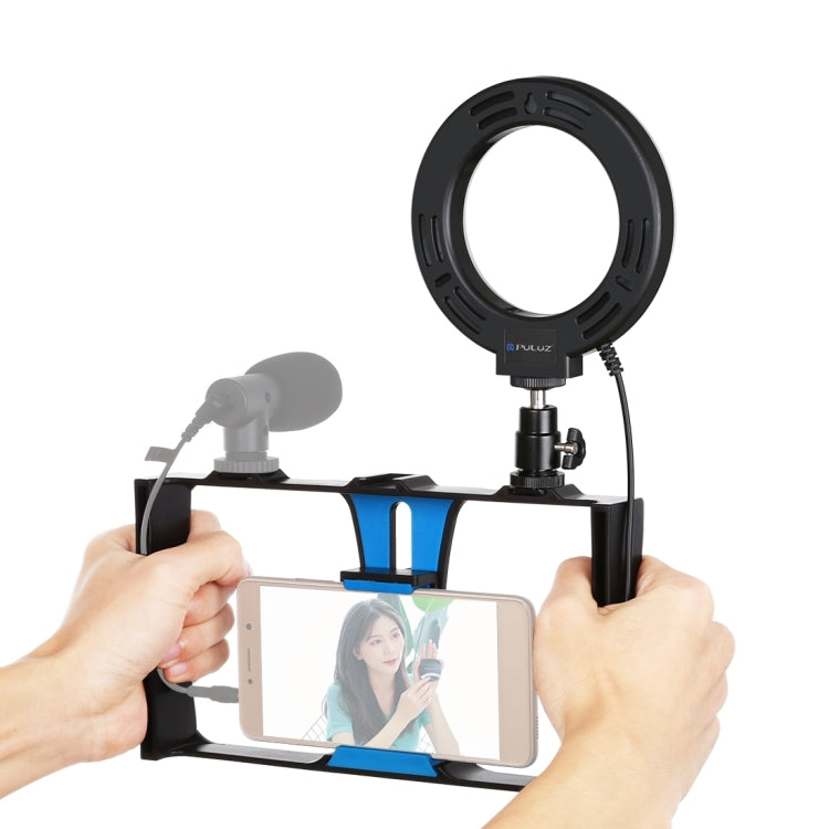 PULUZ 2 in 1 Vlogging Live Broadcast Smartphone Video Rig + 4.7 inch 12cm Ring LED Selfie Light Kits with Cold Shoe Tripod Head for iPhone, Galaxy, Huawei, Xiaomi, HTC, LG, Google, and Other Smartphones(Blue) - Camera Cage by PULUZ | Online Shopping South Africa | PMC TechLife | Buy Now Pay Later Mobicred