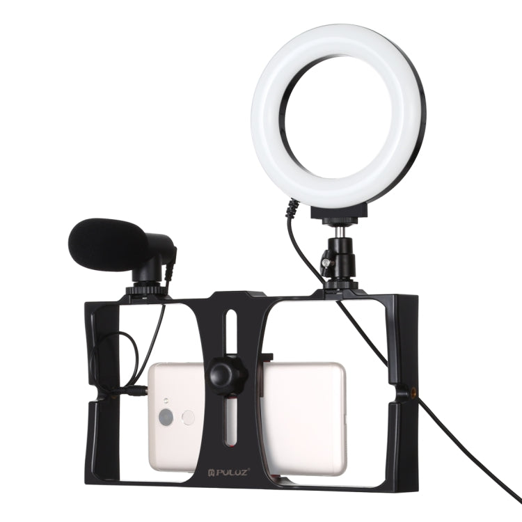 PULUZ 3 in 1 Vlogging Live Broadcast Smartphone Video Rig + Microphone +  4.7 inch 12cm Ring LED Selfie Light Kits with Cold Shoe Tripod Head for iPhone, Galaxy, Huawei, Xiaomi, HTC, LG, Google, and Other Smartphones(Red) - Camera Cage by PULUZ | Online Shopping South Africa | PMC TechLife | Buy Now Pay Later Mobicred