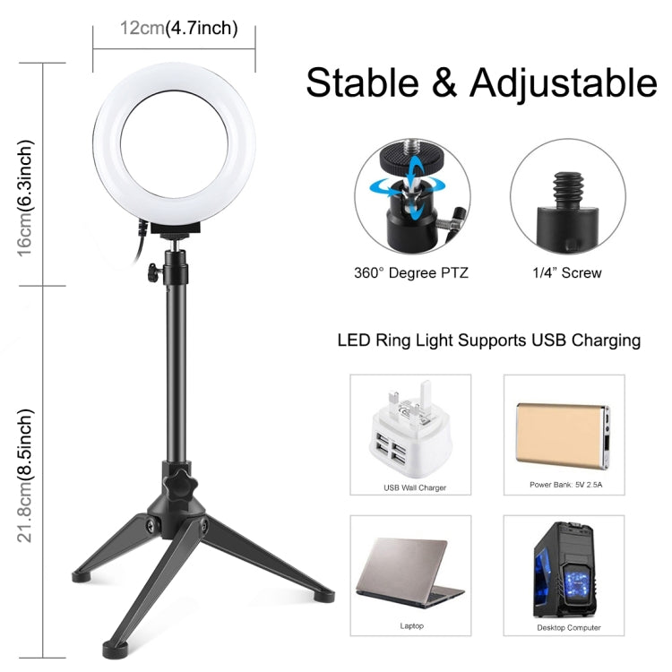 PULUZ 4.7 inch 12cm USB 10 Modes 8 Colors RGBW Dimmable LED Ring Vlogging Photography Video Lights + Desktop Tripod  Mount with Cold Shoe Tripod Ball Head(Black) - free shipping - PMC Jewellery - Order now!