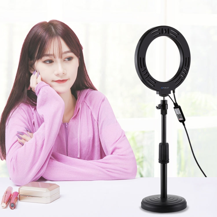 PULUZ 6.2 inch 16cm RGBW Light + Round Base Desktop Holder USB Dimmable LED Ring Vlogging Photography Video Lights with Cold Shoe Tripod Ball Head & Remote Control(Black) - free shipping - PMC Jewellery - Order now!