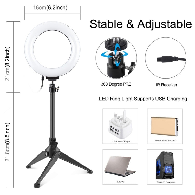 PULUZ 6.2 inch 16cm RGBW Light + Desktop Tripod Mount + USB Dimmable LED Ring Vlogging Photography Video Lights with Cold Shoe Tripod Ball Head & Remote Control(Black) - free shipping - PMC Jewellery - Order now!