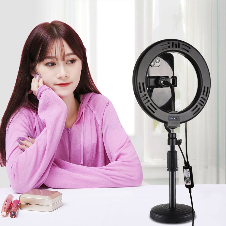 PULUZ 7.9 inch 20cm RGBW Light + Round Base Desktop Mount Dimmable LED Dual Color Temperature LED Curved Light Ring Vlogging Selfie Photography Video Lights with Phone Clamp(Black) - free shipping - PMC Jewellery - Order now!