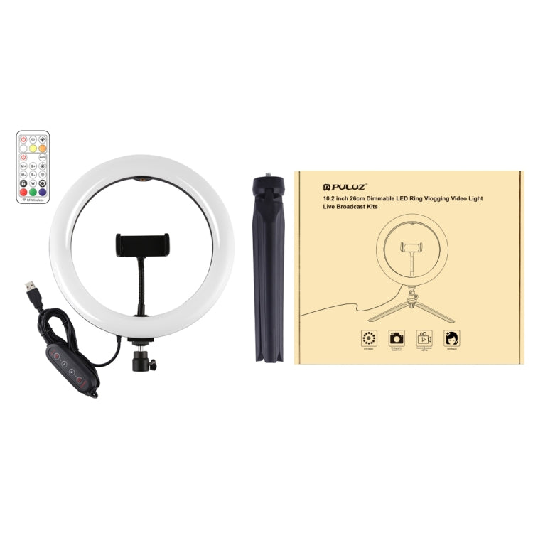 PULUZ 10.2 inch 26cm Marquee LED RGBWW Selfie Beauty Light + Desktop Tripod Mount 168 LED Dual-color Temperature Dimmable Ring Vlogging Photography Video Lights with Cold Shoe Tripod Ball Head & Remote Control & Phone Clamp(Black) - free shipping - PMC Jewellery - Order now!