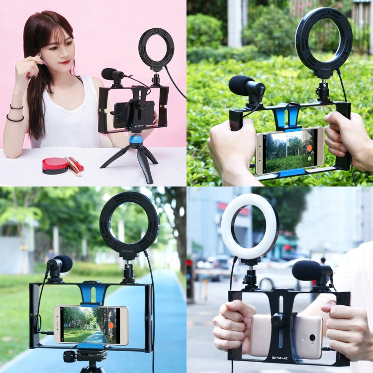 PULUZ 4 in 1 Vlogging Live Broadcast Smartphone Video Rig + 4.7 inch 12cm RGBW Ring LED Selfie Light + Microphone + Pocket Tripod Mount Kits with Cold Shoe Tripod Head(Blue) - free shipping - PMC TechLife - Order now!
