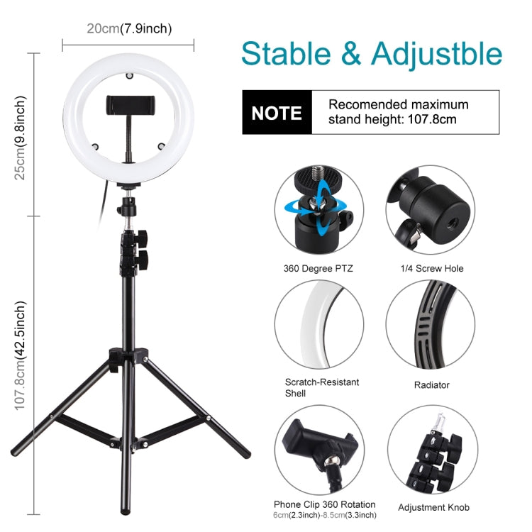 PULUZ 7.9 inch 20cm Mirror Light+ 1.1m Tripod Mount USB 3 Modes Dimmable Dual Color Temperature LED Curved Light Ring Vlogging Selfie Photography Video Lights with Mirror & Phone Clamp(Black) - free shipping - PMC Jewellery - Order now!