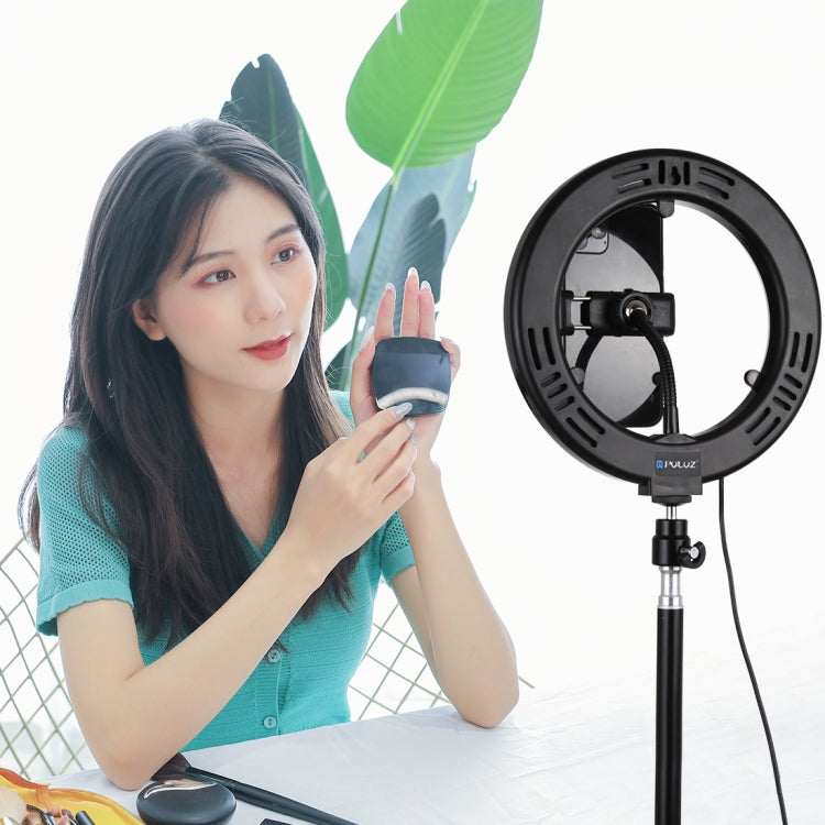 PULUZ 7.9 inch 20cm Mirror Light+ 1.1m Tripod Mount USB 3 Modes Dimmable Dual Color Temperature LED Curved Light Ring Vlogging Selfie Photography Video Lights with Mirror & Phone Clamp(Black) - free shipping - PMC Jewellery - Order now!