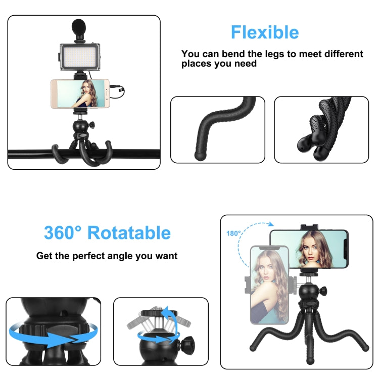 PULUZ  4 in 1 Vlogging Live Mini Octopus Bracket Kit + Studio Light + Microphone + Phone Clamp Kits(Black) - free shipping - PMC TechLife - Order now!