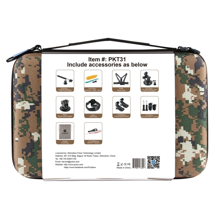 PULUZ 20 in 1 Accessories Combo Kit with Camouflage EVA Case (Chest Strap + Head Strap + Suction Cup Mount + 3-Way Pivot Arm + J-Hook Buckles + Extendable Monopod + Tripod Adapter + Bobber Hand Grip + ...  for GoPro, Insta360, DJI and Other Action Cameras -  by PULUZ | Online Shopping South Africa | PMC TechLife | Buy Now Pay Later Mobicred