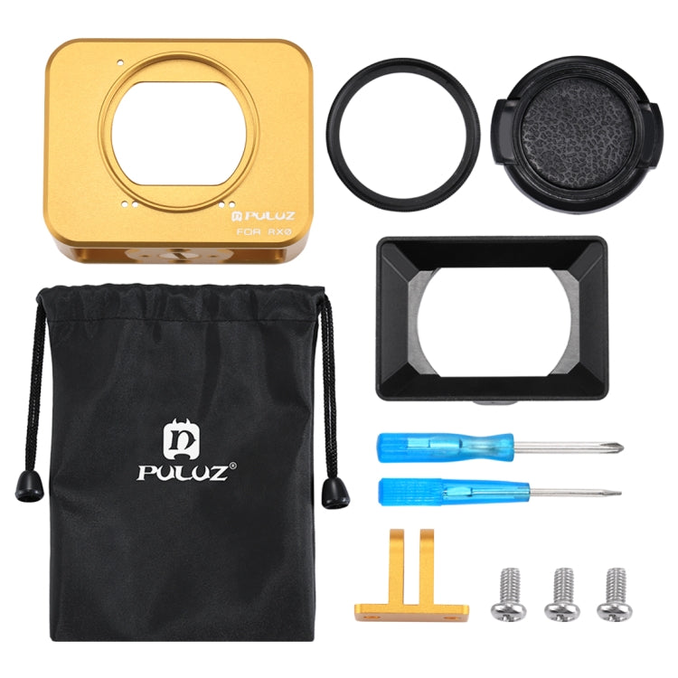 PULUZ for Sony RX0 Aluminum Alloy Protective Cage + 37mm UV Filter Lens + Lens Sunshade with Screws and Screwdrivers(Gold) - free shipping - PMC TechLife - Order now!