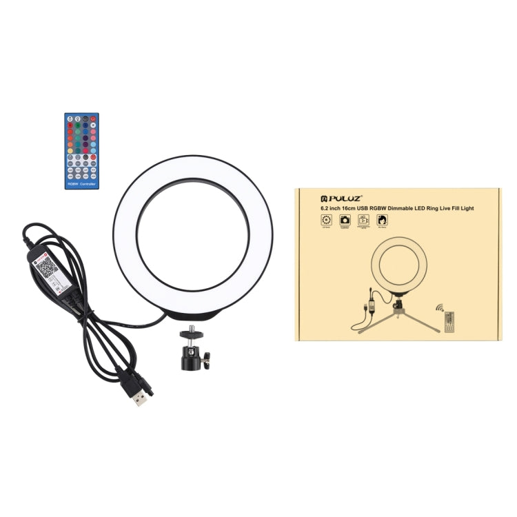 PULUZ 6.2 inch 16cm USB RGBW Dimmable LED Ring Vlogging Photography Video Lights  with Cold Shoe Tripod Ball Head & Remote Control(Black) - free shipping - PMC Jewellery - Order now!