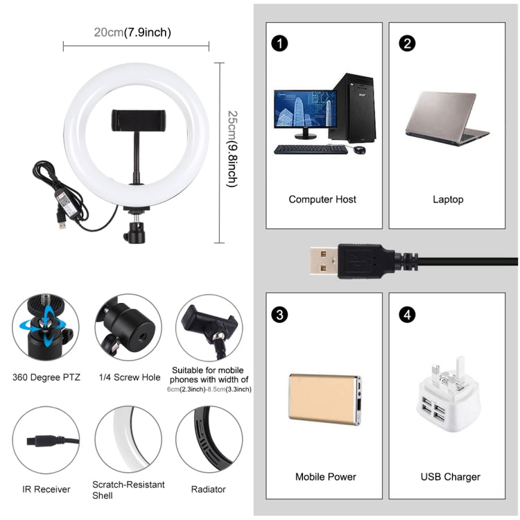 PULUZ 7.9 inch 20cm USB RGB Dimmable LED Dual Color Temperature LED Curved Light Ring Vlogging Selfie Photography Video Lights with Phone Clamp(Black) - free shipping - PMC Jewellery - Order now!