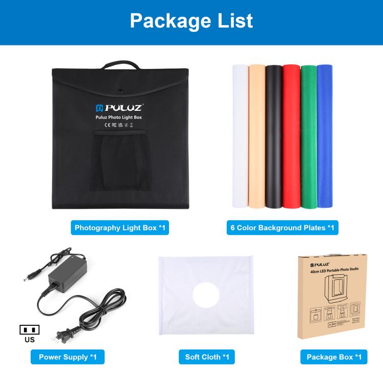PULUZ 40cm Folding Portable White Light Dimmable Photo Lighting Studio Shooting Tent Box Kit with 6 Colors (Black, Orange, White, Red, Green, Blue) Backdrops(US Plug) - free shipping - PMC TechLife - Order now!