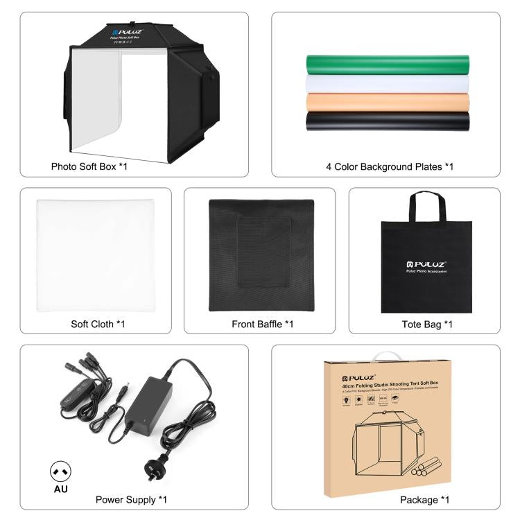 PULUZ 40cm Folding 72W 5500K Studio Shooting Tent Soft Box Photography Lighting Kit with 4 Colors (Black, Orange, White, Green) Backdrops(AU Plug) - free shipping - PMC TechLife - Order now!
