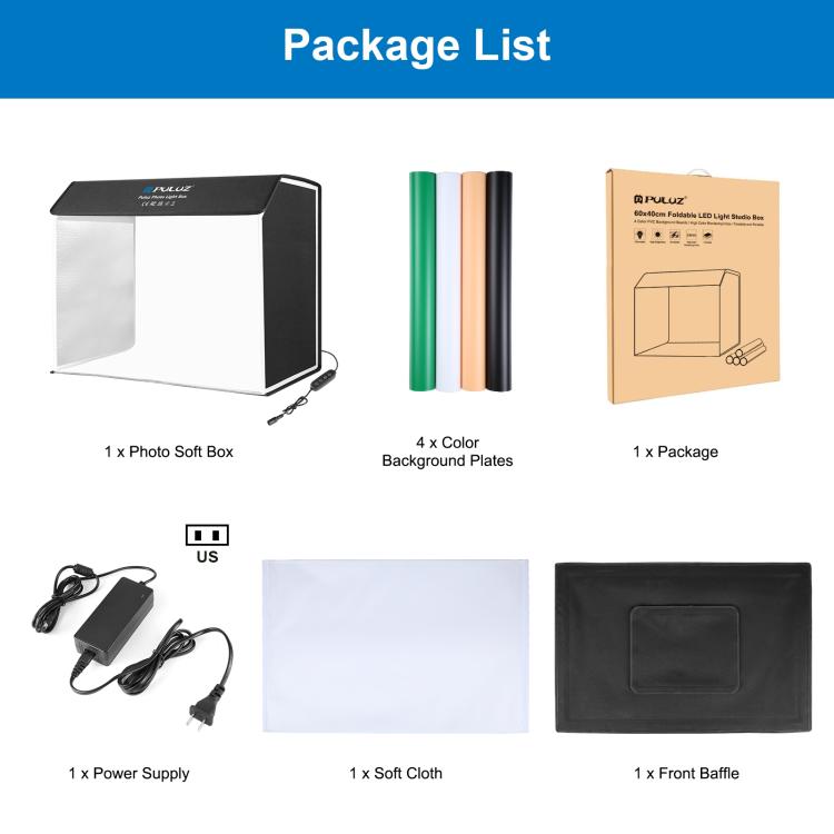 PULUZ Photo Studio Light Box Portable 60 x 40cm Cuboid Photography Studio Tent Kit with 4 Color Backdrops (US Plug) - free shipping - PMC TechLife - Order now!